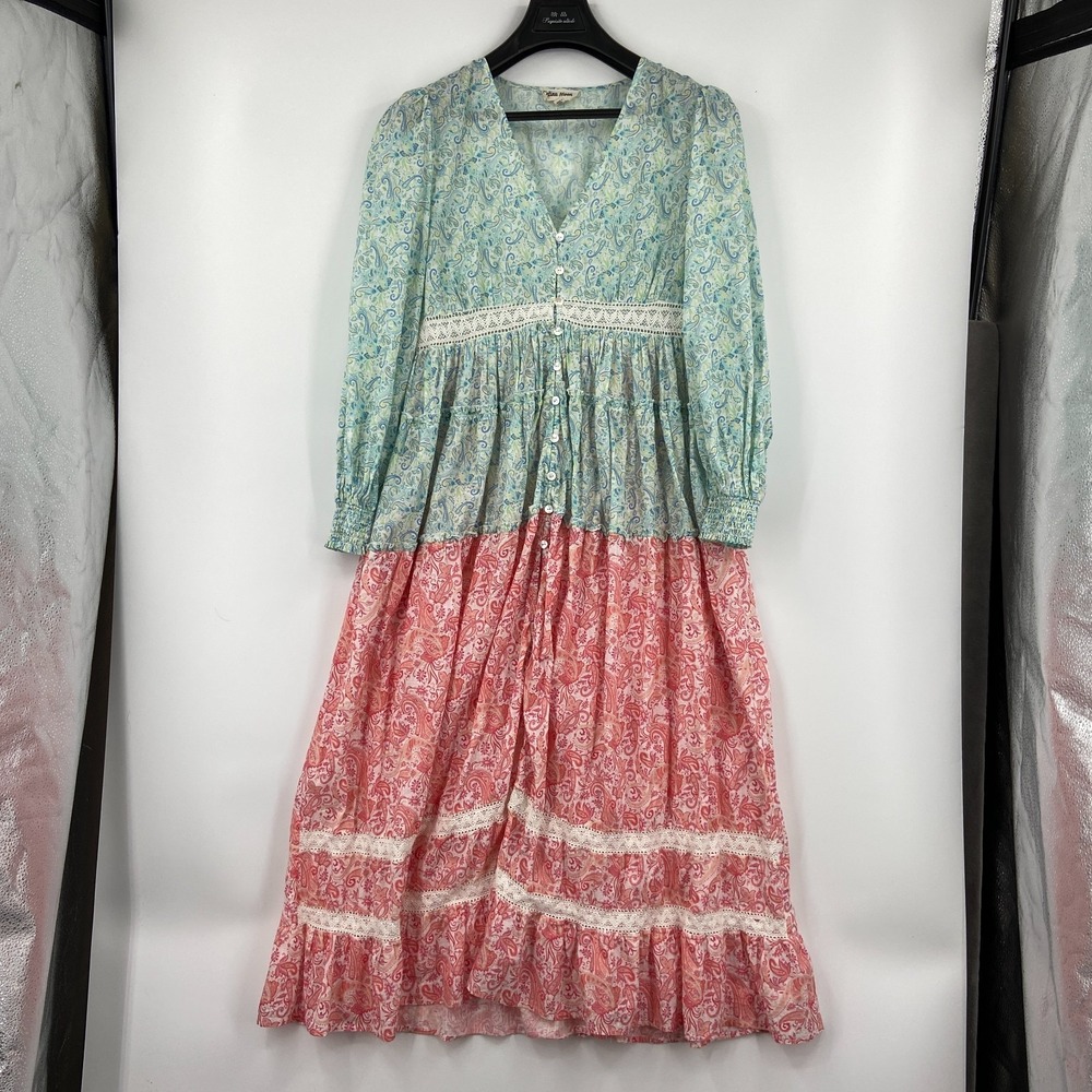 Celina Moon Tiered Maxi Dress Womens Medium Multi Paisley V Neck Button Front